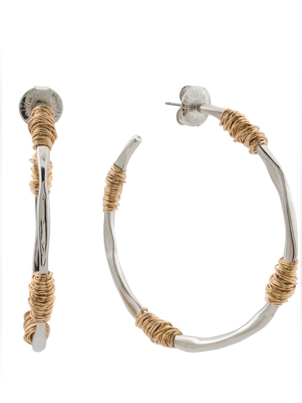 Robert Lee Morris Two-Tone Silver Hoop Earrings with Gold Wire Wraps